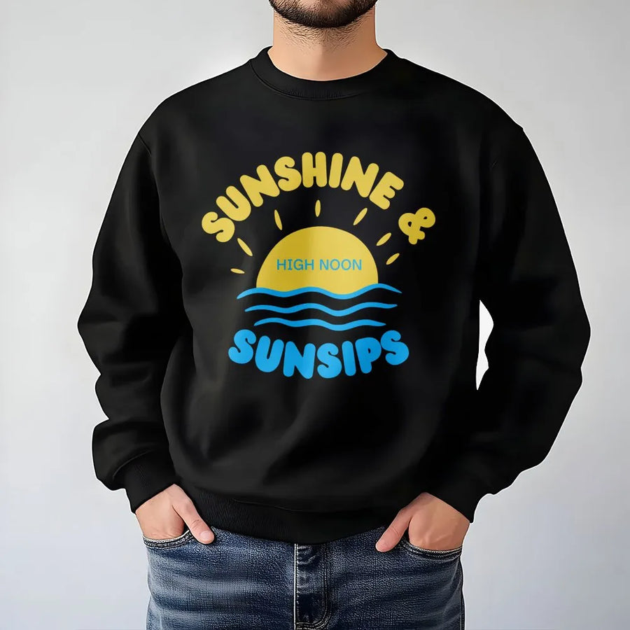 Sunshine and Sunsips Sweatshirt | Retro Sunset Graphic Pullover | Premium Cotton-Blend | Trendy Summer Vibe Gift for Beach Lovers and Nooners