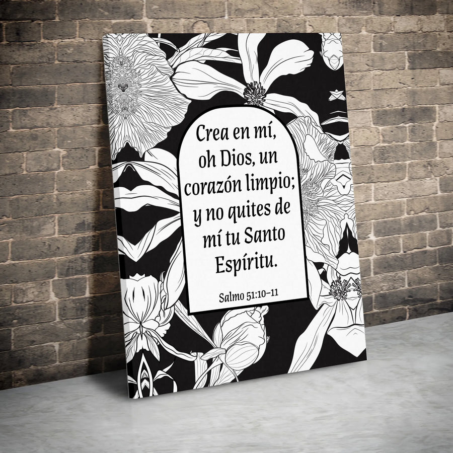 Salmo 51:10-11 Wall Art | Spanish Bible Verse Floral Canvas | Premium Gallery Wrap Decor | Christian Home Gift for Believers