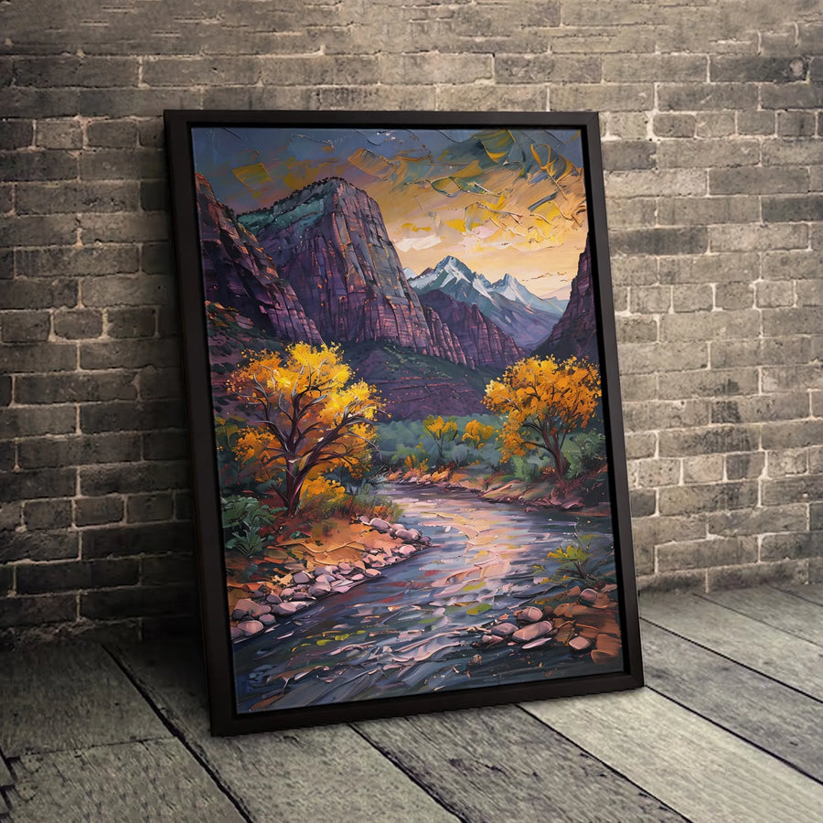 Mountain River Landscape Canvas Art | Impasto Autumn Scenery Painting | Premium Gallery-Wrapped Print | Nature Home Decor Gift