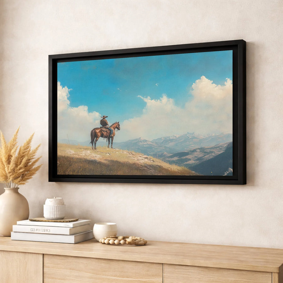 Western Cowboy Canvas Wall Art | Mountain Landscape Oil Painting Style | Premium 1.25-Inch Gallery Wrap | Rustic Home & Office Decor Gift