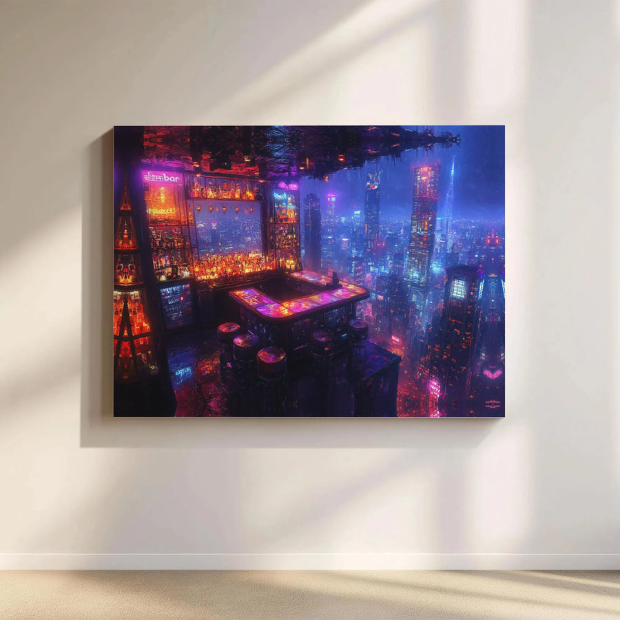 Cyberpunk Cityscape Canvas Art | Futuristic Neon Nightlife Bar Wall Decor | Premium 1.25" Gallery Wrap | Industrial Sci-Fi Gift for Gamers