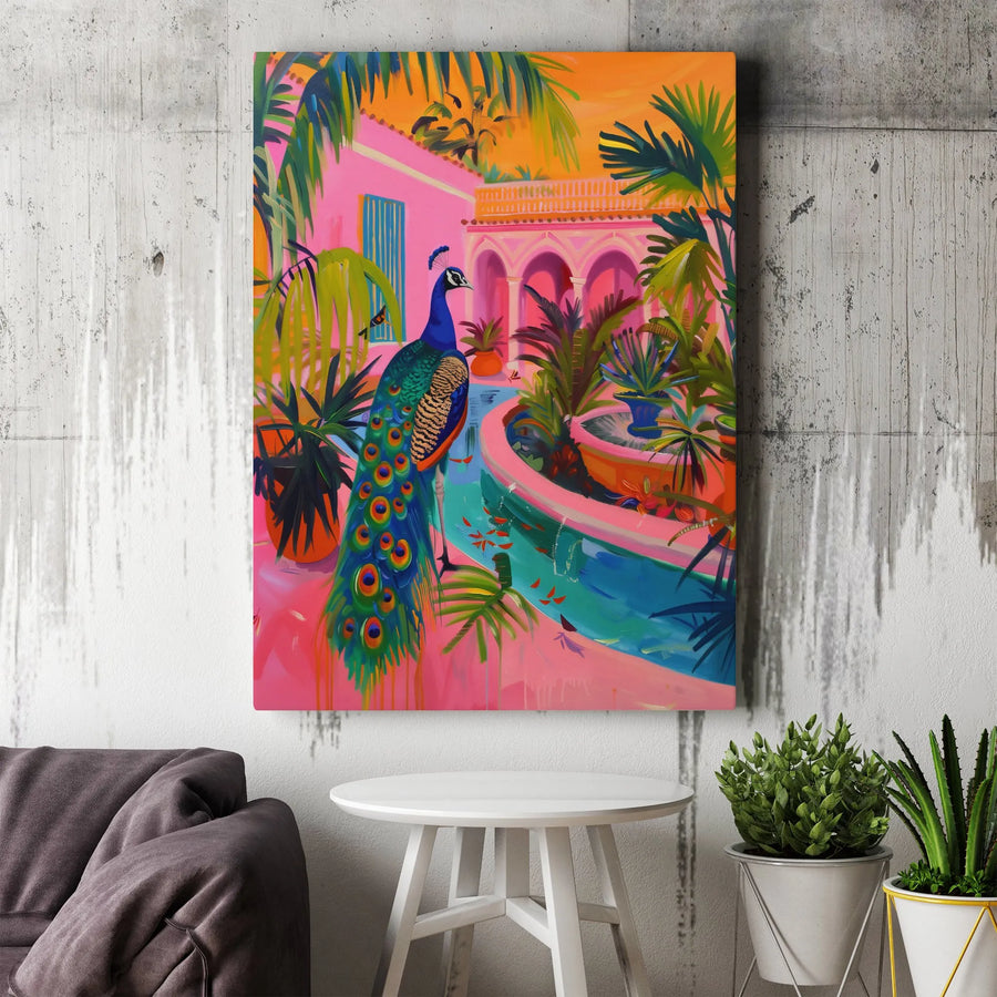Vibrant Peacock Canvas Wall Art | Tropical Pink Villa Courtyard Print | Premium 1.25 Inch Gallery Wrap | Maximalist Home Decor Gift