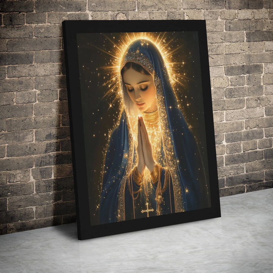 Virgin Mary Canvas Print | Praying Mother Mary With Radiant Golden Halo | Premium 1.25 inch Gallery Wrap | Religious Home Wall Art Decor
