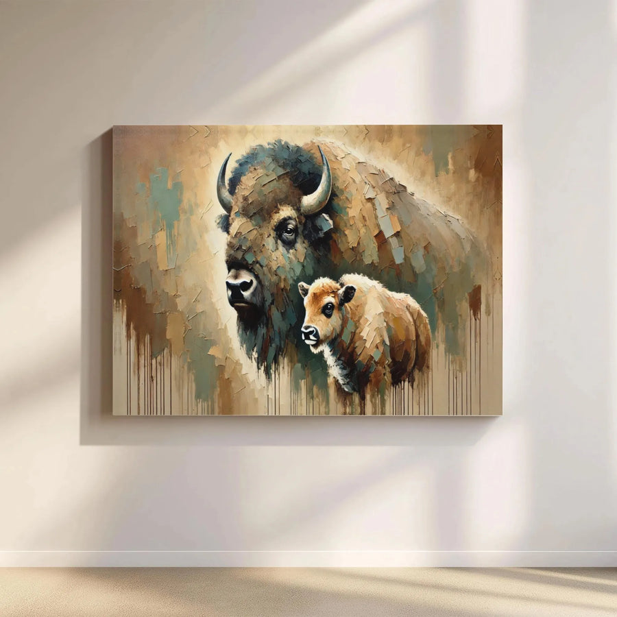 Bison and Calf Wall Art | Impressionist Animal Canvas Print | Premium Gallery Wrapped Canvas | Wildlife Home Decor Gift for Nature Lovers