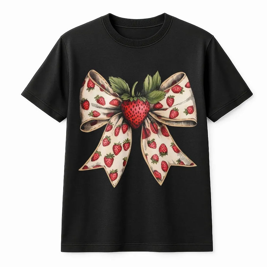 Coquette Strawberry T-Shirt | Vintage Strawberry Bow Graphic | Soft Cotton Blend Crewneck | Cute Cottagecore Gift for Her