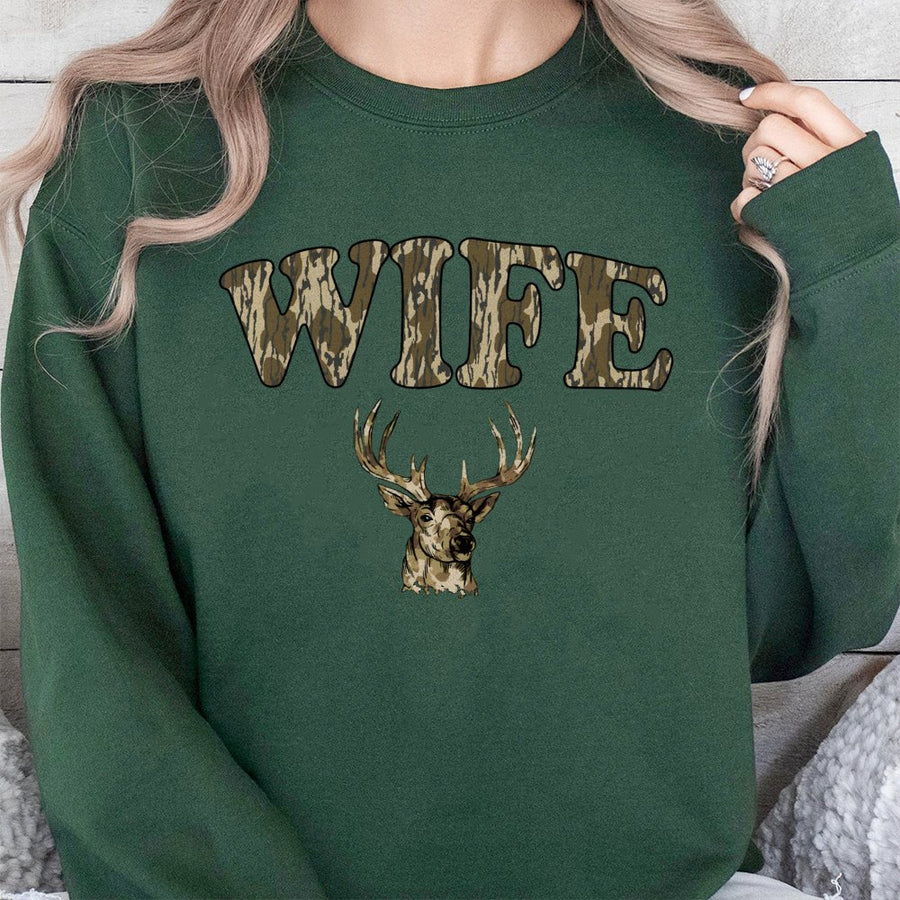 Wife Deer Hunting Sweatshirt | Camo Pattern Lettering & Buck Design | Premium Cotton Blend | Gift for Hunter Wife or Outdoorswoman