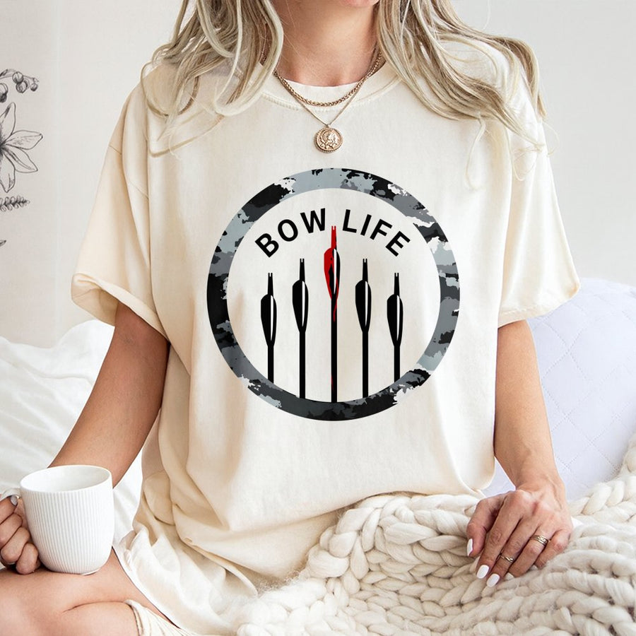 Bow Life Archery T-Shirt | Camo Arrow Target Graphic | Premium 100% Cotton | Gift for Bow Hunters and Outdoor Enthusiasts