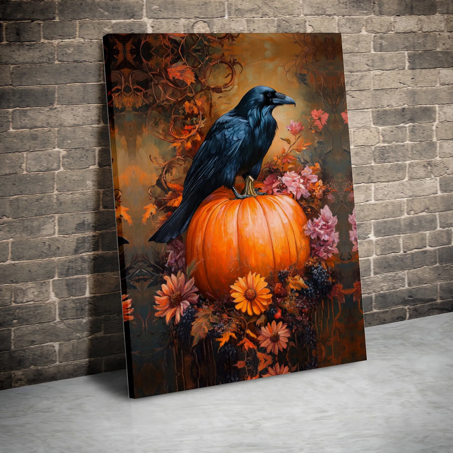 Raven On Pumpkin Canvas Print | Gothic Fall Harvest Wall Art | Premium Fade-Resistant Gallery Wrap | Spooky Halloween Decor For Home