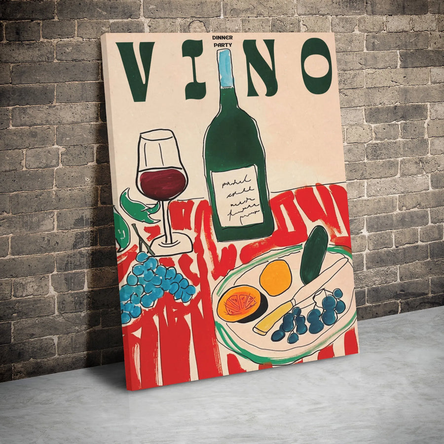 Vino Dinner Party Wall Art | Abstract Wine Bottle & Fruit Illustration | Premium Gallery Wrap Canvas | Kitchen Decor Gift for Wine Lovers