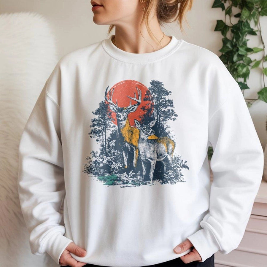 Vintage Deer Forest Sweatshirt | 90s Graphic Nature Illustration | Premium Cotton Blend Crewneck | Outdoor Hunter Gift for Wildlife Enthusiasts
