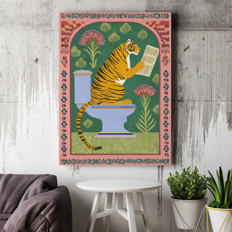 Tiger on Toilet Vertical Canvas | Funny Bathroom Decor Art with Reading Tiger | Premium Thick Profile Wall Print | Unique Housewarming Gift