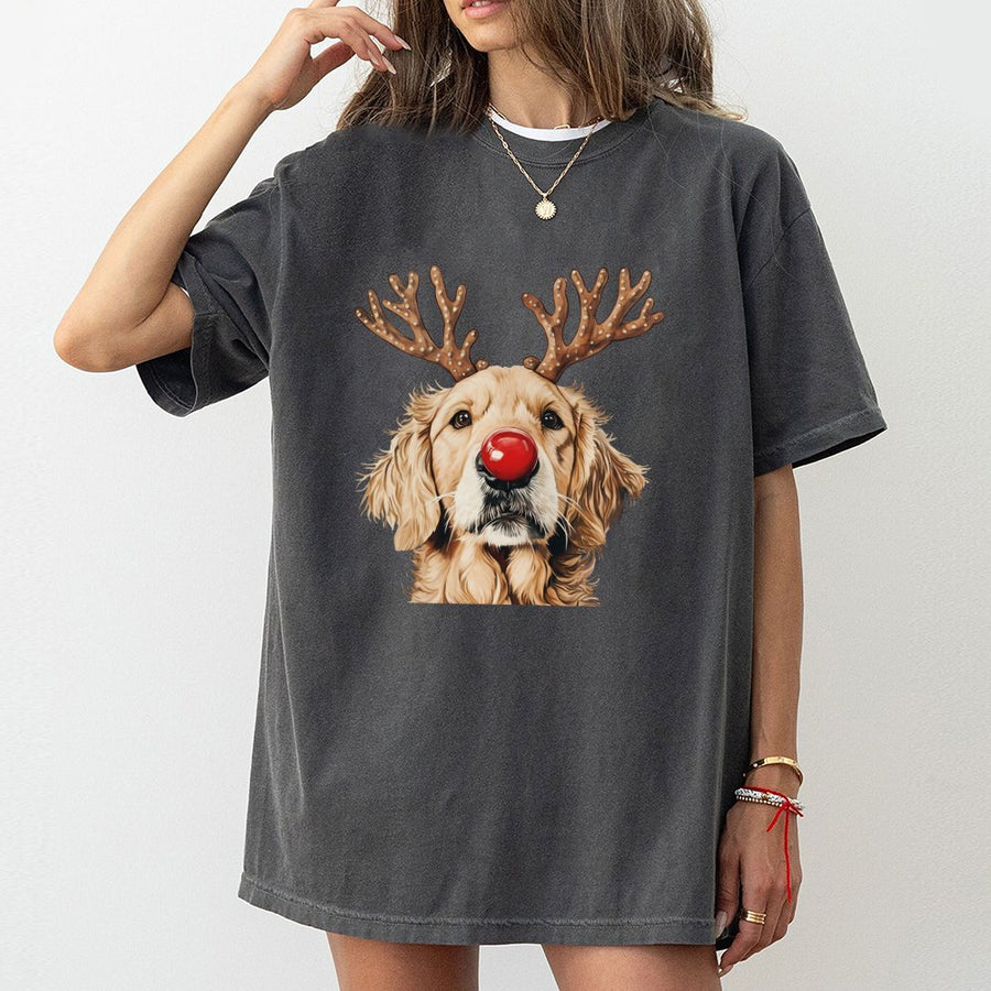 Golden Retriever Reindeer T-Shirt | Cute Dog With Red Nose Graphic | Soft 100% Cotton Christmas Tee | Holiday Gift for Dog Lovers