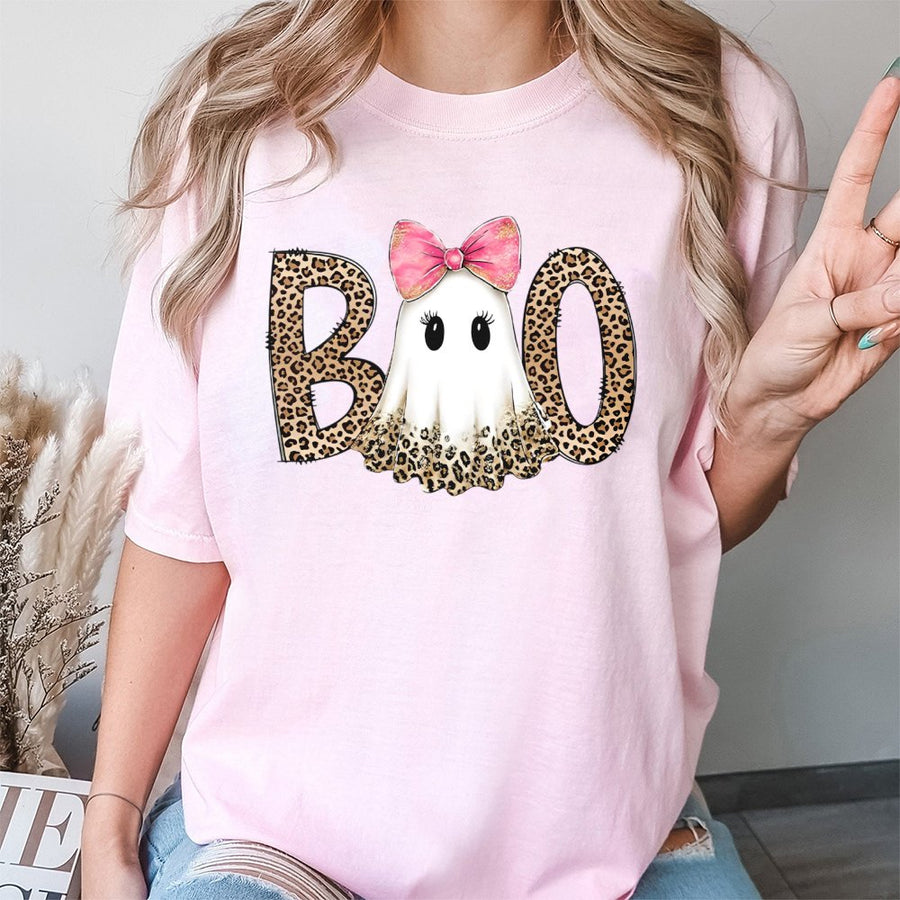 Ghost Boo T-Shirt | Preppy Leopard Print Coquette Bow Design | Premium Soft Cotton Tee | Cute Spooky Halloween Gift for Women and Teens