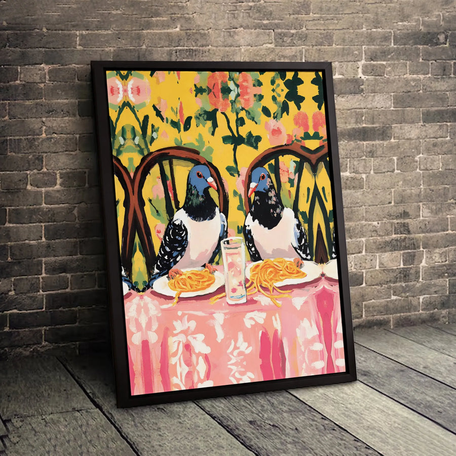 Pigeon Spaghetti Dinner Wall Art | Quirky Bird Eating Pasta Canvas | Premium Gallery Wrapped Print | Fun Kitchen Decor Gift
