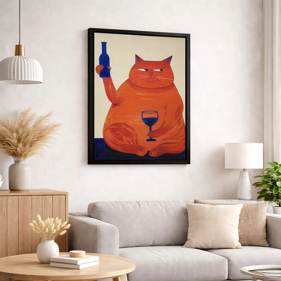 Funny Fat Orange Cat Wall Art | Whimsical Wine Lover Illustration | Premium Gallery Wrapped Canvas | Quirky Home Decor Gift