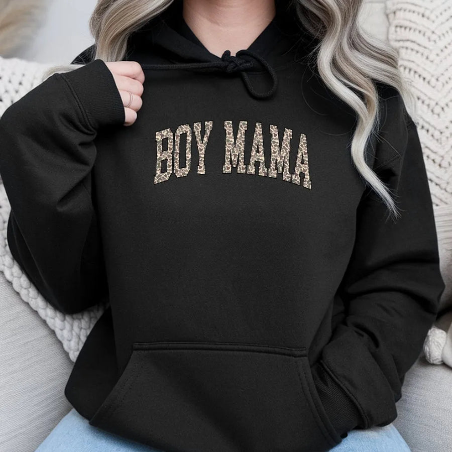 Boy Mama Hoodie | Camo Print Collegiate Design | Premium Soft Crewneck | Mothers Day Gift for Women
