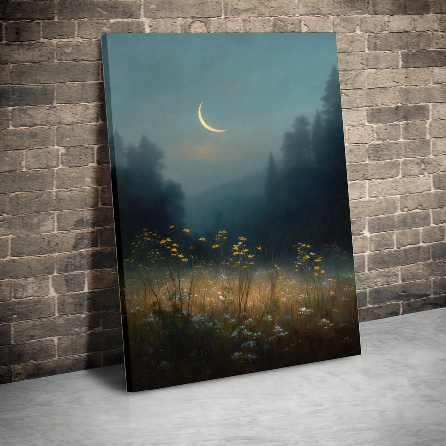 Crescent Moon Wall Art | Misty Forest Wildflower Field Print | Premium 1.25" Gallery Canvas | Dreamy Nature Decor for Bedroom or Living Room