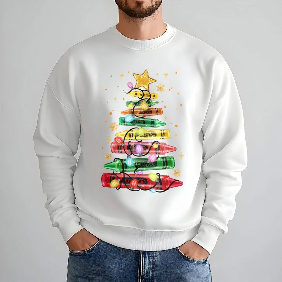 Christmas Crayon Tree Sweatshirt | Teacher Holiday Graphic Design | Soft Cotton Blend | Festive School Staff & Art Teacher Gift