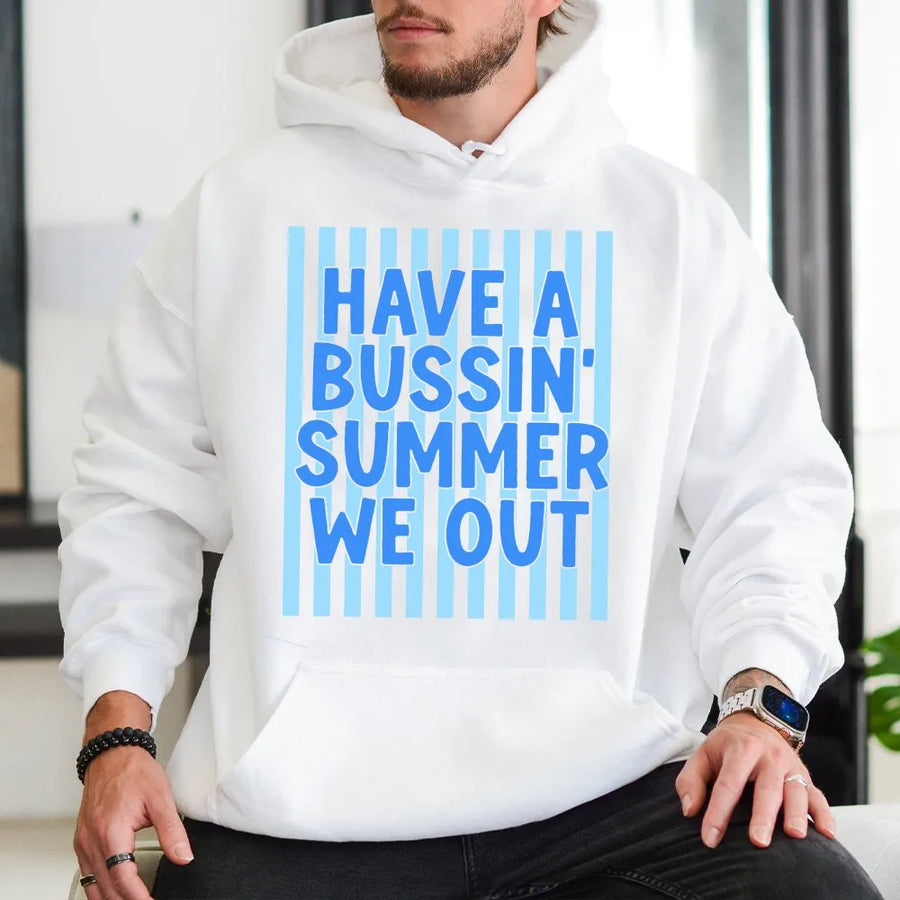 Bussin Summer Hoodie | Funny Gen Z Slang We Out Quote Pullover | Premium Cotton-Blend | Last Day of School Gift for Teens