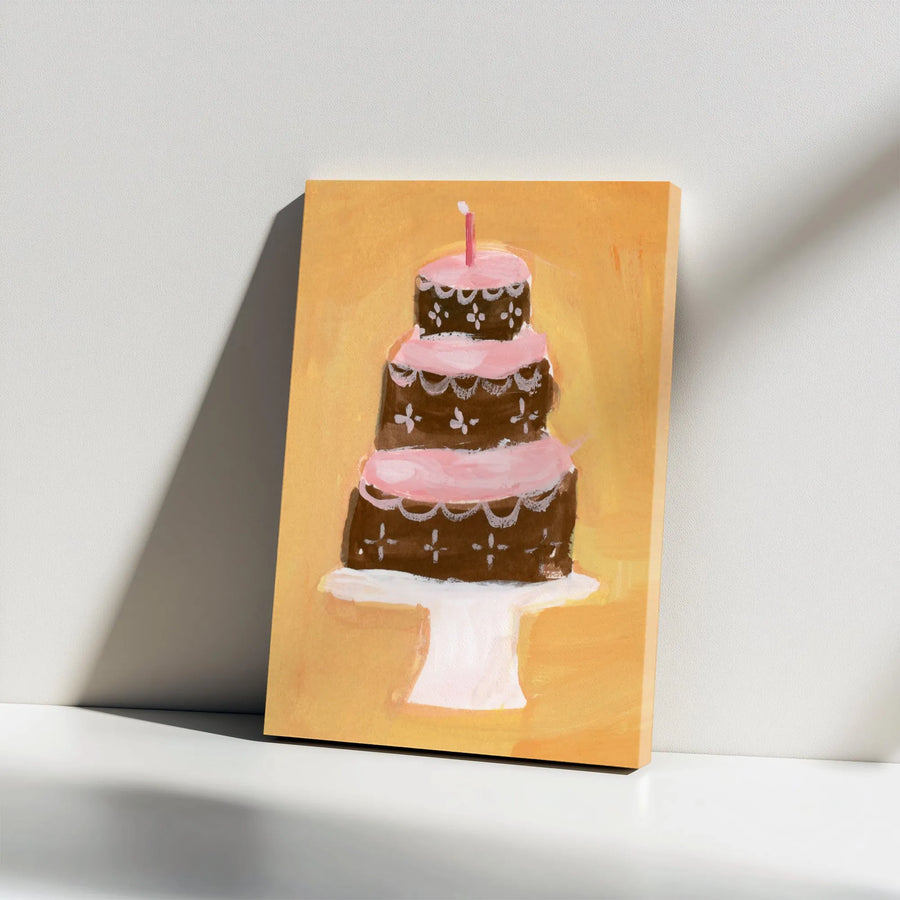 Birthday Cake Canvas Wall Art | Painterly Pink and Chocolate Cake | Premium 1.25" Thick Gallery Wrap | Bakery Decor or Kids Room Gift