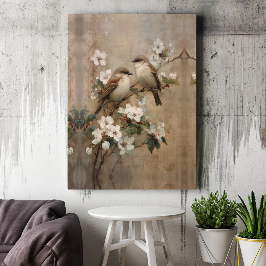 Sparrow Wall Art Canvas | Vintage Bird and Blossom Painting | Premium High-Resolution Print | Farmhouse Cottagecore Decor Gift