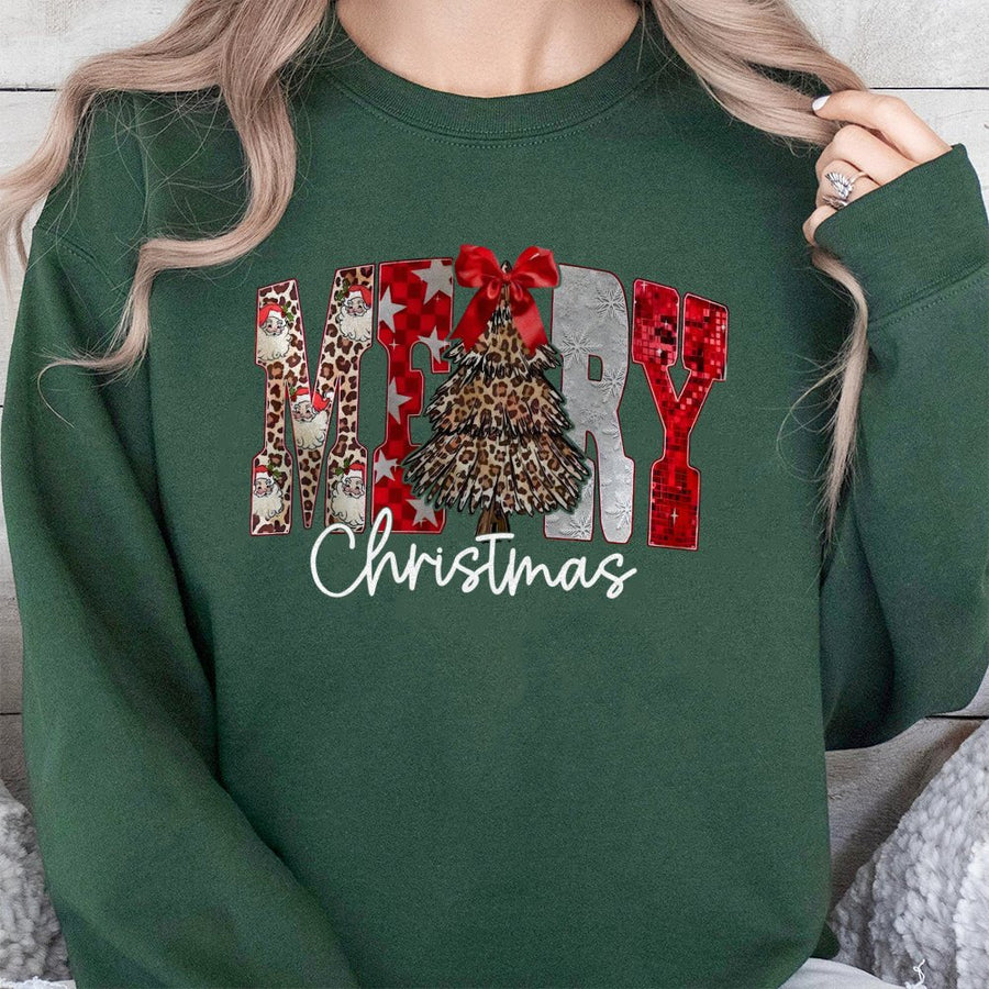 Merry Christmas Sweatshirt | Leopard Print Tree Graphic | Premium Cotton Blend Crewneck | Festive Holiday Gift for Her