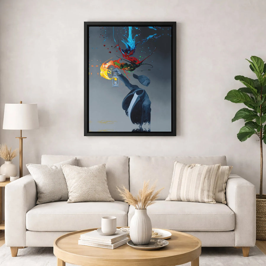 Invisible Man Canvas Wall Art | Colorful Paint Splash Lantern Decor | Premium Gallery Wrap Print | Modern Surreal Office & Living Room Gift