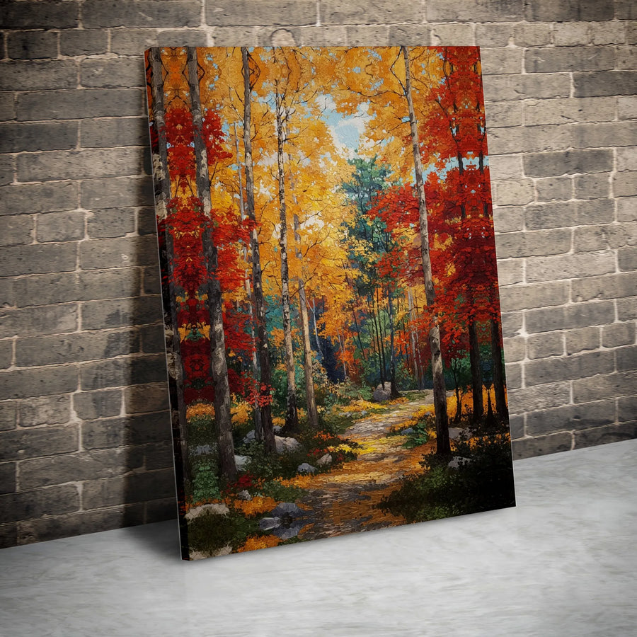 Autumn Forest Canvas Wall Art | Impressionist Birch Tree Path | Premium Gallery Wrapped | Nature Home Decor Gift for Living Room