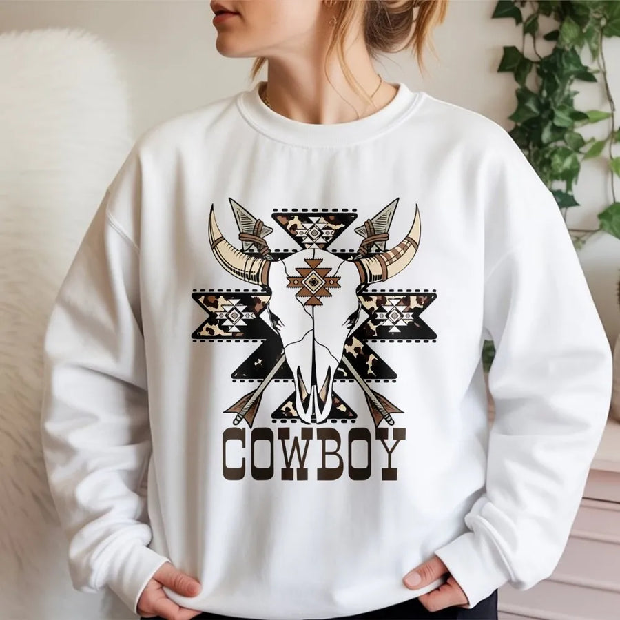 Cowboy Skull Sweatshirt | Western Aztec Tribal Graphic | Premium Cotton Blend | Rustic Country Gift For Men And Women