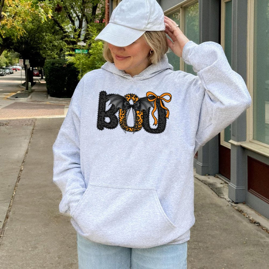 Boo Halloween Hoodie | Coquette Leopard Print Bow Design | Premium Cotton Blend Sweatshirt | Spooky Season Gift For Women