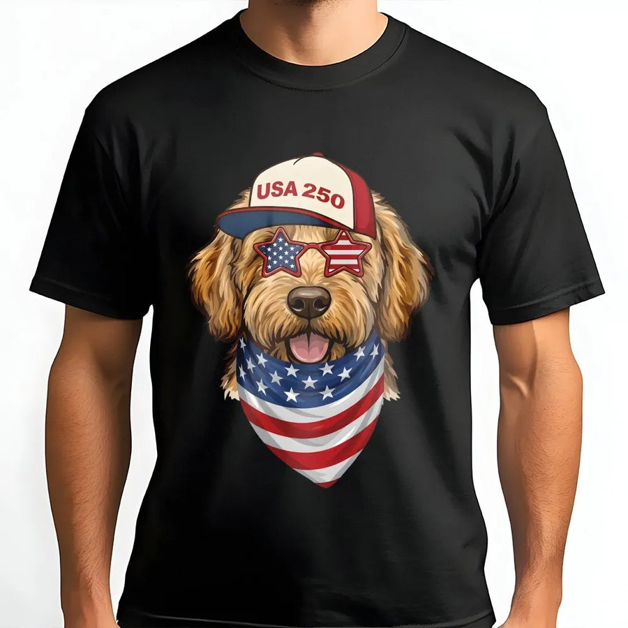 USA 250th Anniversary T-Shirt | Patriotic Dog with American Flag Graphic | Soft Cotton Blend Pullover | Fourth of July Gift for Dog Lovers