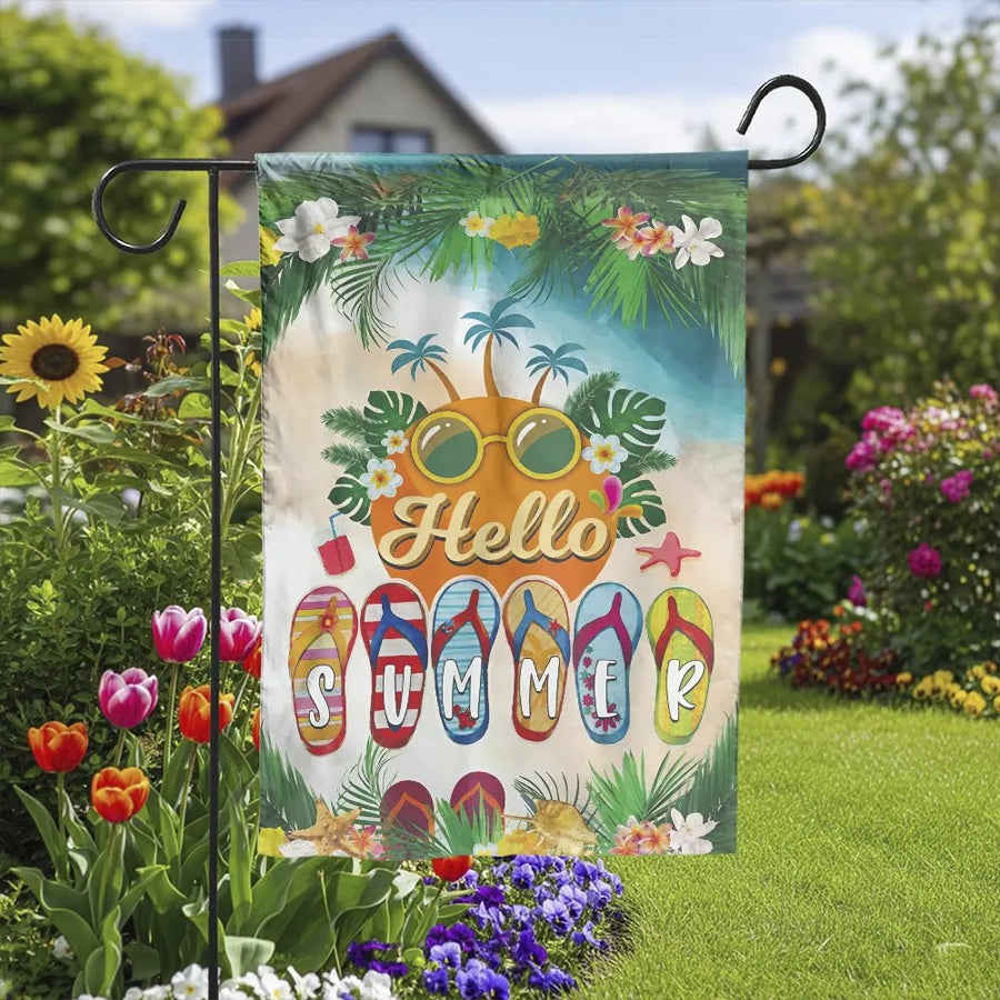Hello Summer Garden Flag | Tropical Beach & Flip Flop Design | Double-Sided Decorative Flag | Outdoor Yard & Patio Decor Gift