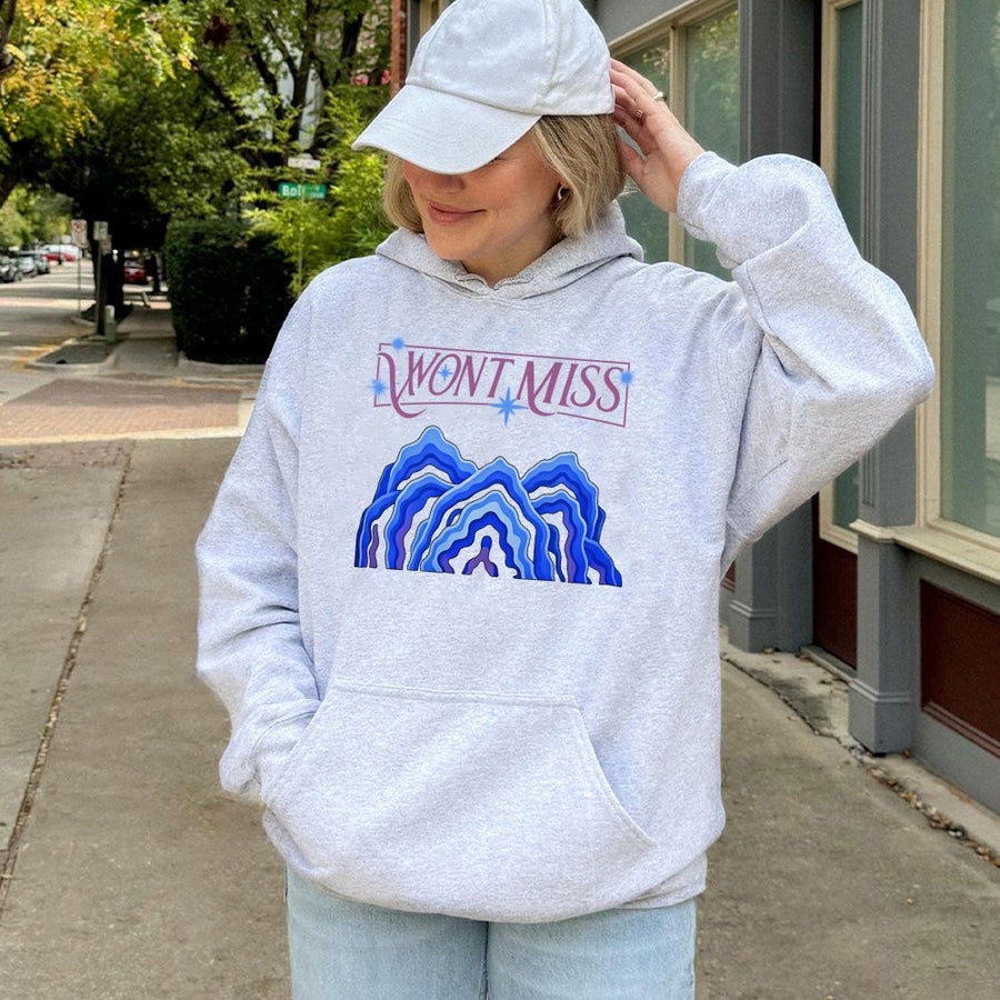 Won't Miss Graphic Hoodie | Abstract Blue Mountain Aesthetic Design | Soft Cotton-Polyester Blend | Trendy Streetwear Gift for Music Fans