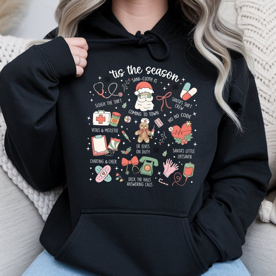 Nurse Christmas Hoodie | Tis The Season Medical Graphic Design | Cotton Blend Premium Gift | Festive Healthcare Worker Apparel