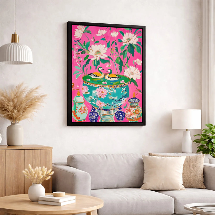 Chinoiserie Duck Canvas Wall Art | Vibrant Pink Lotus Floral Print | Premium Gallery Wrap Decor | Aesthetic Maximalist Home Gift
