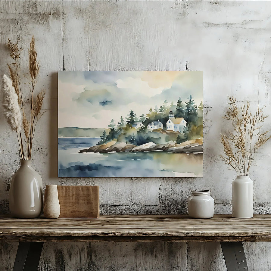Coastal Lighthouse Wall Art | Watercolor Seaside Village Landscape | Premium 1.25 Inch Canvas Print | Serene Nautical Home Decor Gift