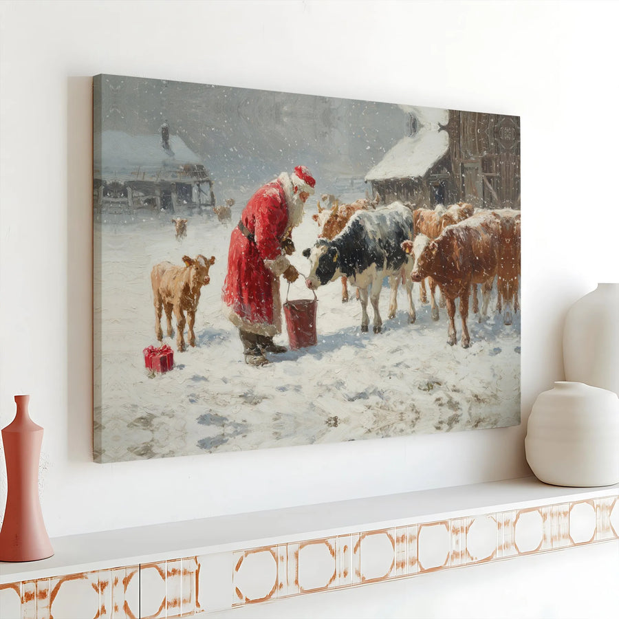 Santa Feeding Cows Canvas | Rustic Snowy Farm Christmas Wall Art | Premium Gallery Wrap Decor | Farmhouse Holiday Gift for Animal Lovers