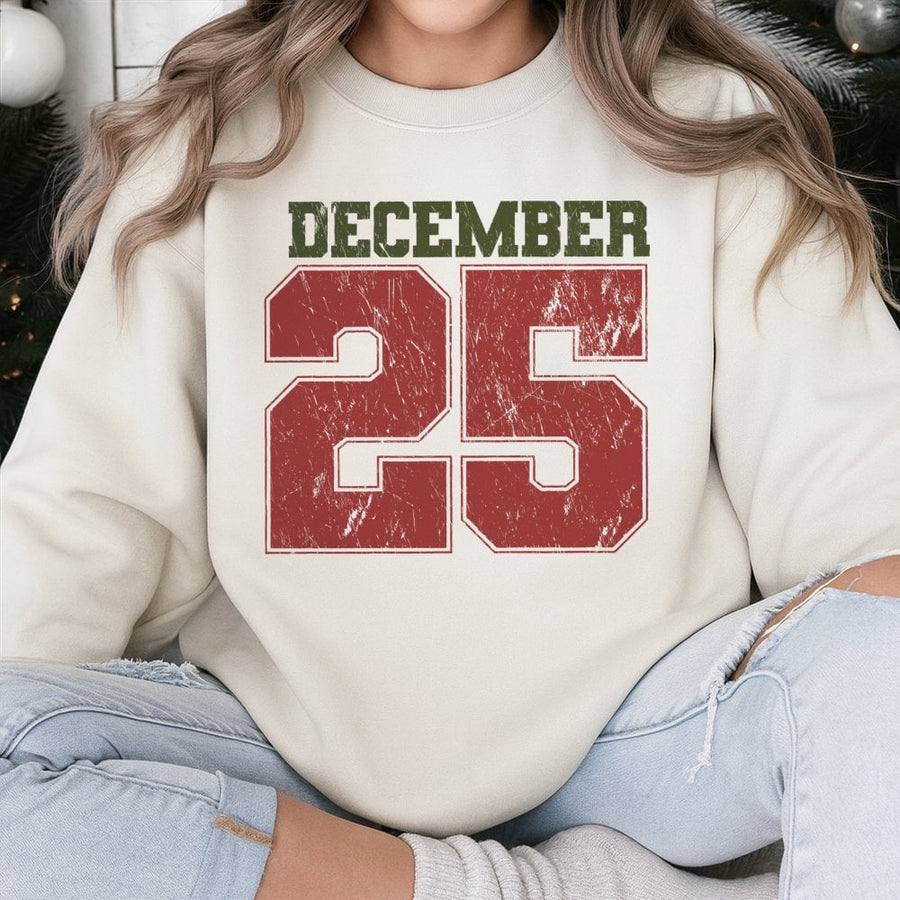 December 25 Christmas Sweatshirt | Retro Varsity Number Graphic | Soft Cotton Blend Crewneck | Holiday Gift For Men And Women