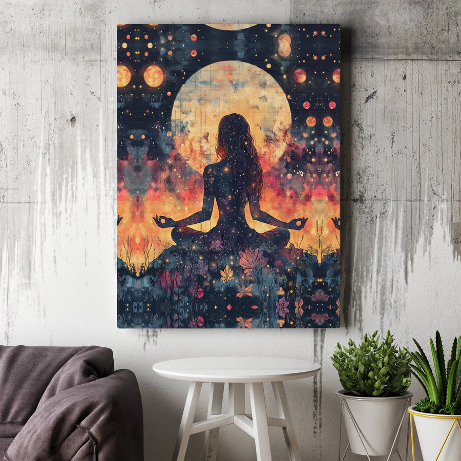 Yoga Meditation Canvas Wall Art | Celestial Moon Galaxy Silhouette | Premium Gallery Wrap Print | Spiritual Home Decor Gift for Women