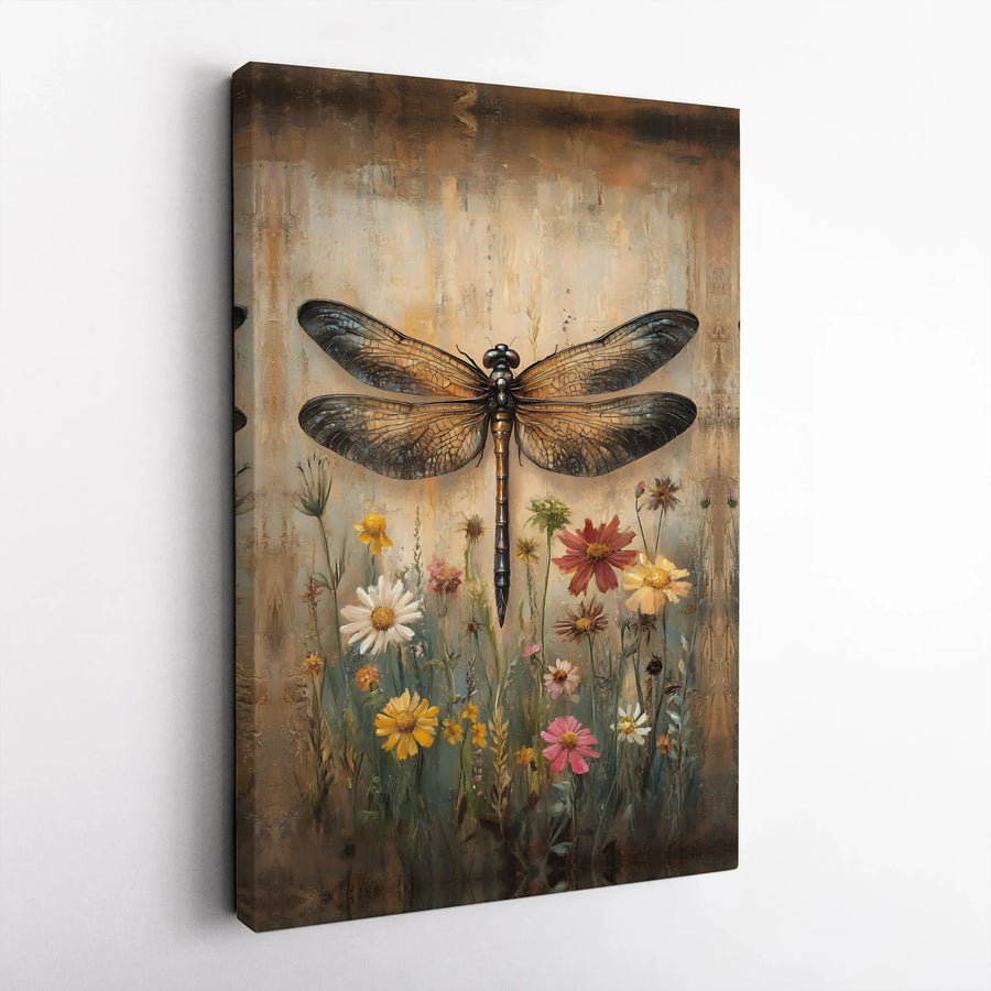 Dragonfly Wildflower Canvas Print | Rustic Botanical Insect Art | Premium Gallery Wrapped Canvas | Nature Lover Home Decor Gift