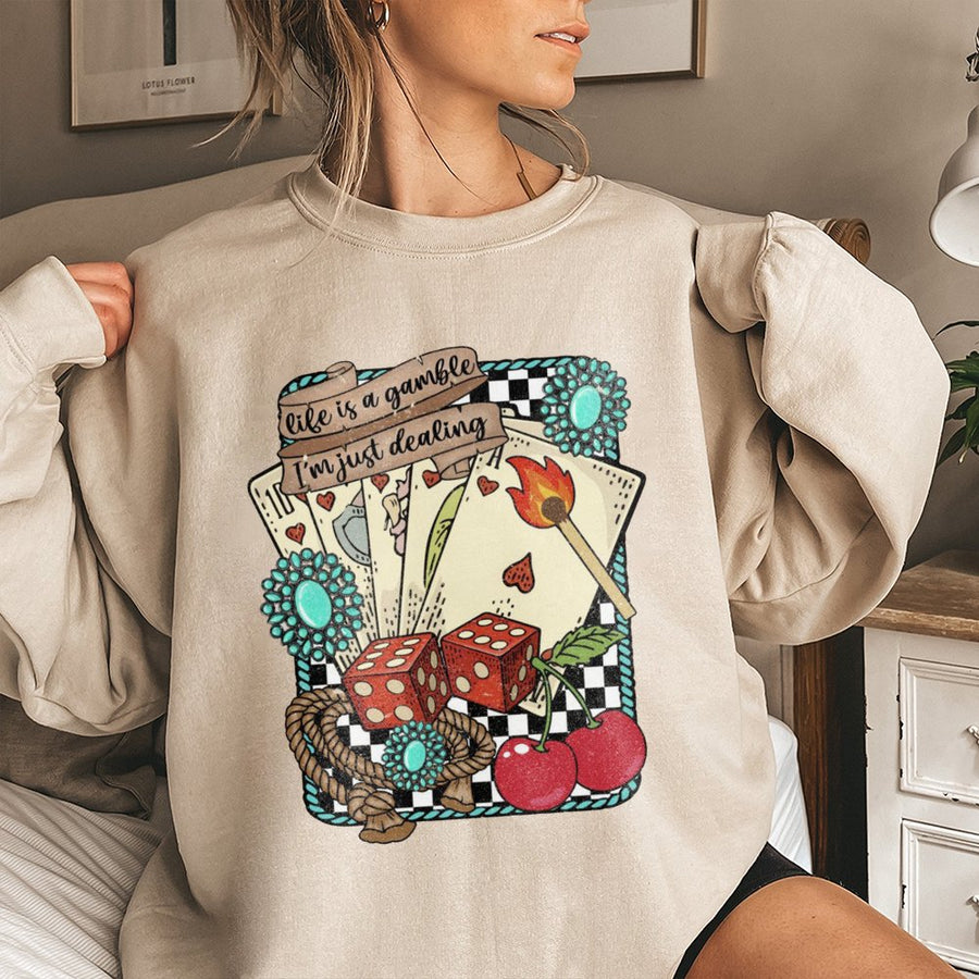 Life Is A Gamble Sweatshirt | Retro Western Playing Cards Graphic | Premium Cotton Blend Crewneck | Country Music Aesthetic Gift For Her