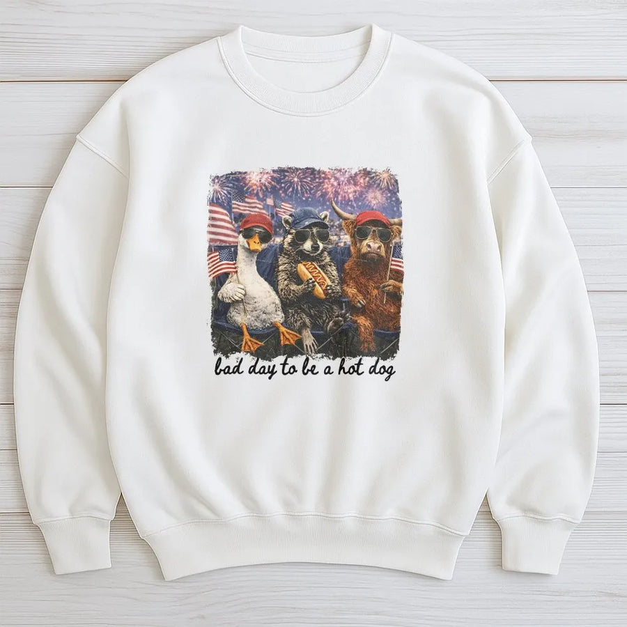 Funny 4th of July Sweatshirt | Bad Day To Be a Hot Dog Graphic | Cozy Cotton Blend | Unisex Patriotic Party Gift