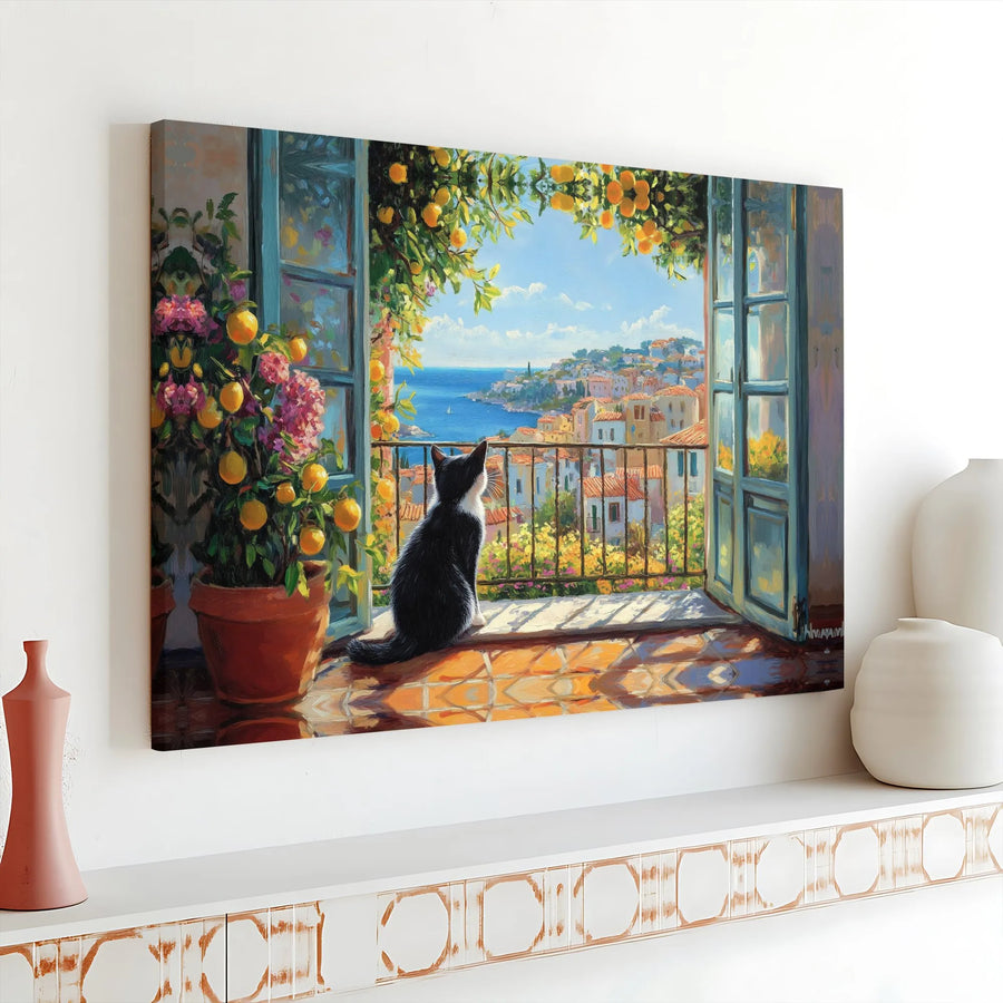 Tuxedo Cat Wall Art | Mediterranean Balcony with Lemon Trees | Gallery Wrap Canvas Print | Coastal Italian Villa Decor for Cat Lovers