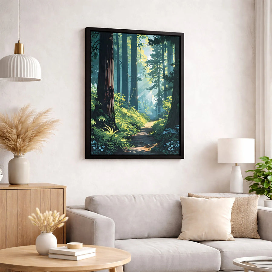 Redwood Forest Canvas Wall Art | Sunlit Path Nature Landscape Illustration | Gallery-Quality Fade-Resistant Print | Serene Home Office Decor Gift
