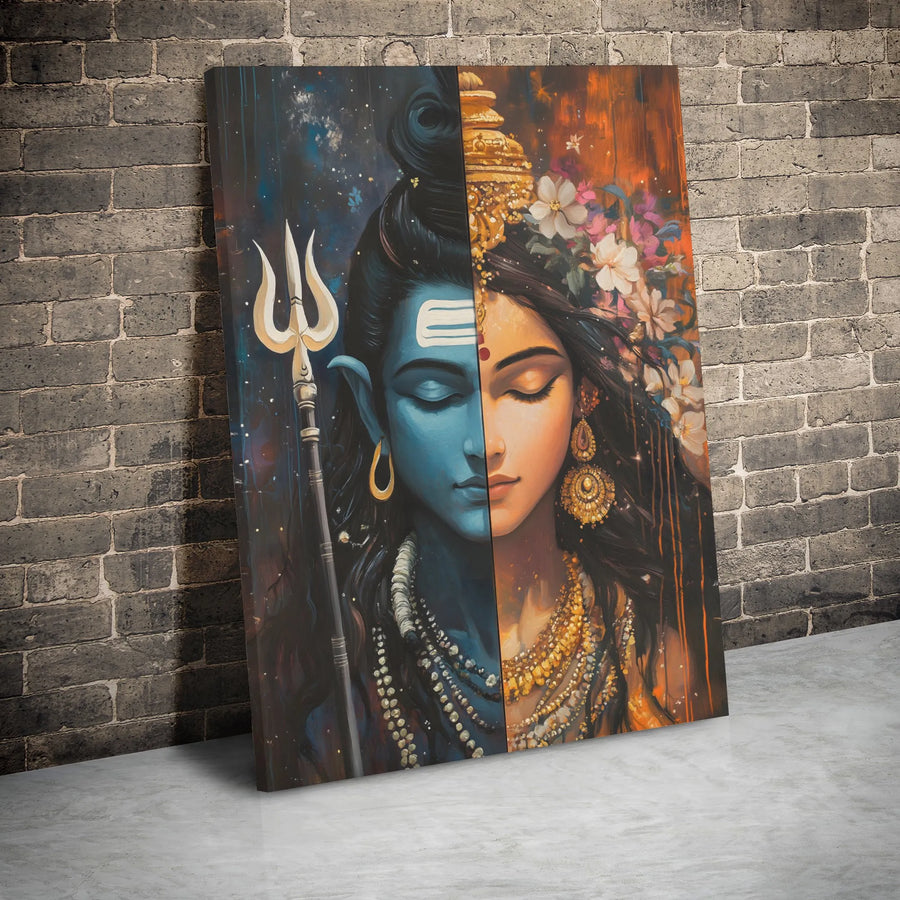 Ardhanarishvara Canvas Wall Art | Lord Shiva and Parvati Split Face Design | Premium Gallery-Wrapped Print | Spiritual Home Decor Gift