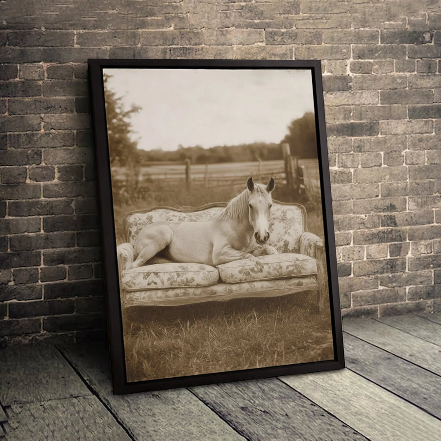 Horse On Sofa Canvas Wall Art | Whimsical Sepia Farmhouse Print | Premium Gallery-Wrapped Decor | Unique Animal Lover Gift