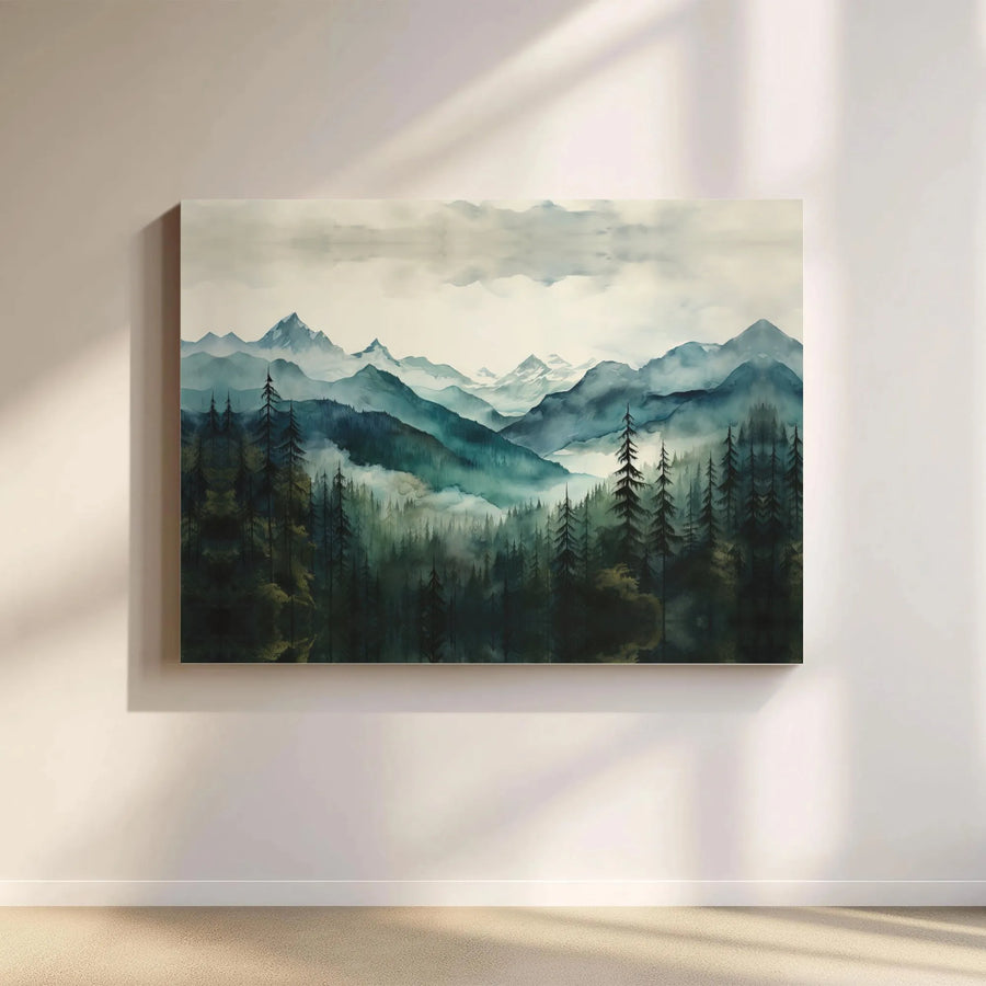 Misty Mountain Forest Canvas Wall Art | Watercolor Nature Landscape Print | Premium Gallery Wrapped Decor | Modern Home Office Gift