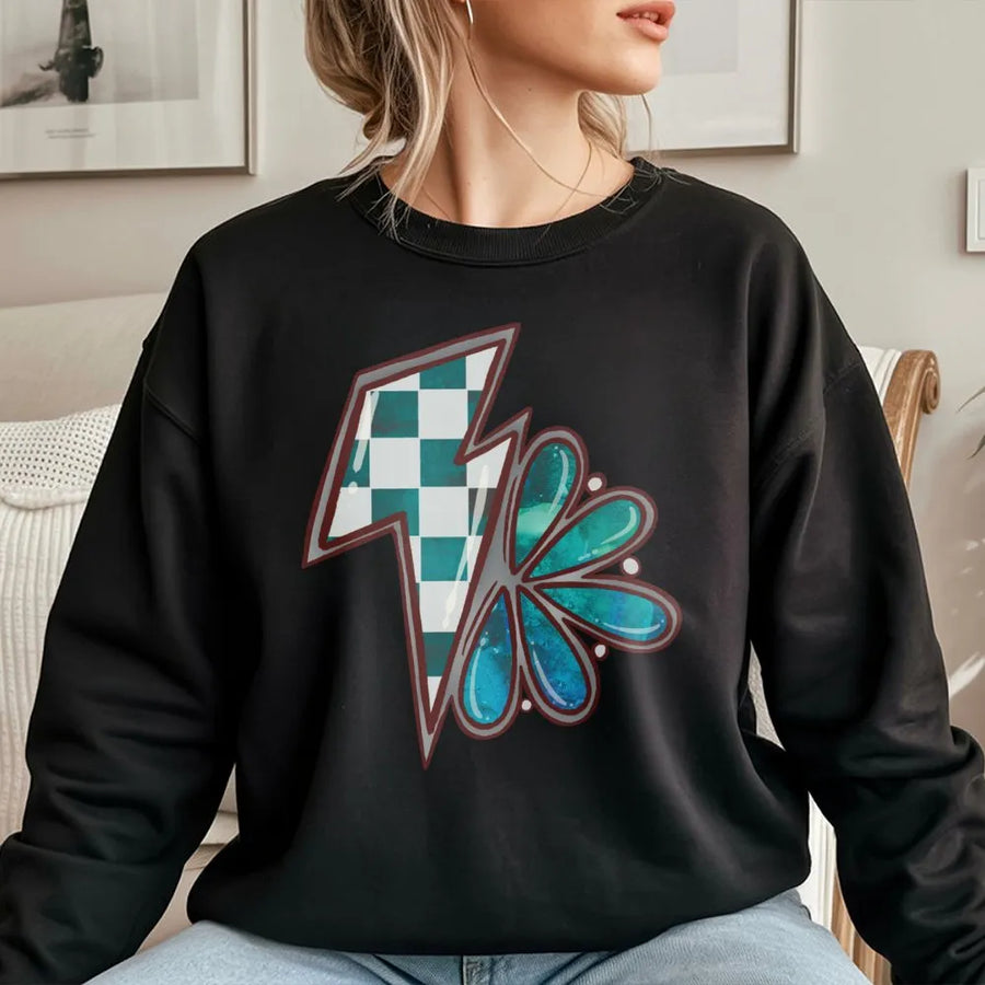 Western Lightning Bolt Sweatshirt | Teal Checkered Graphic Print | Premium Cotton Blend | Retro Country Cowgirl Gift For Women