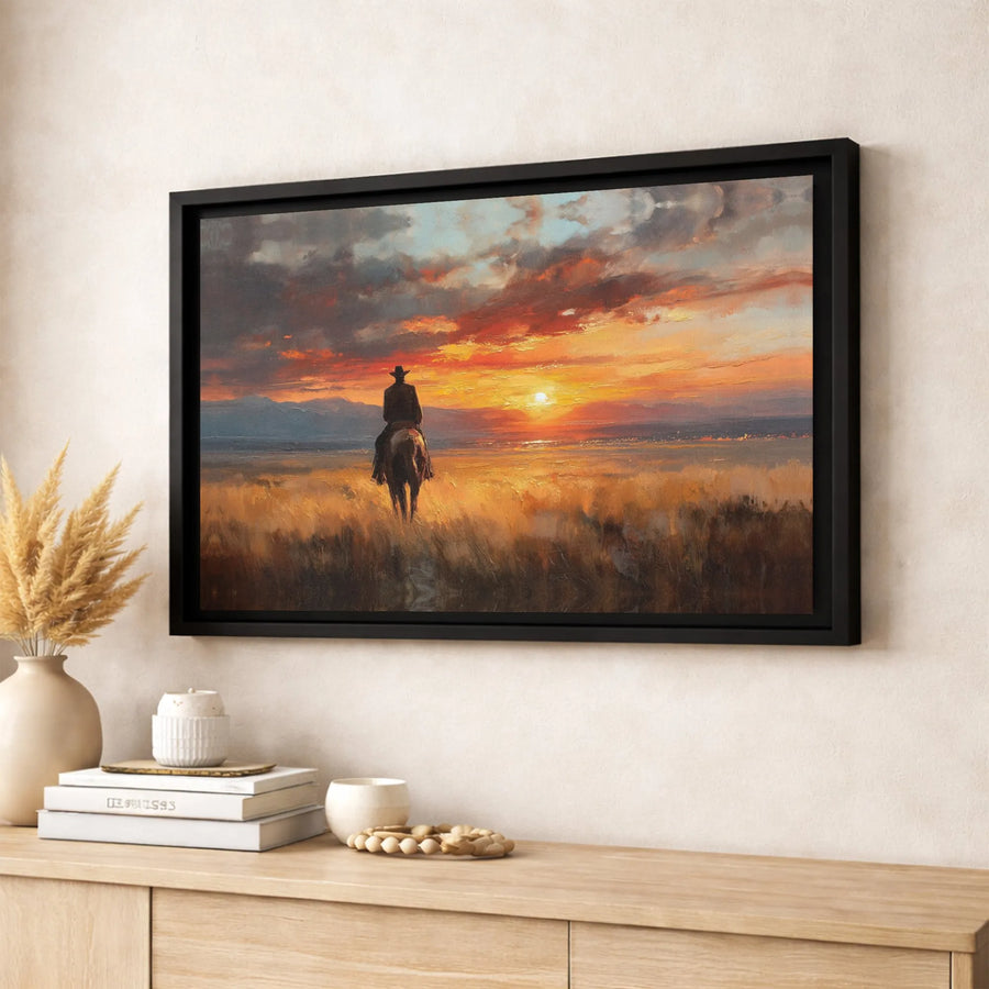 Western Cowboy Canvas Wall Art | Lone Rider Sunset Landscape | Premium Gallery Wrapped Print | Rustic Home & Office Decor Gift