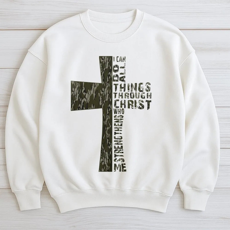 Christian Cross Sweatshirt | Philippians 4:13 Camo Print Design | Premium Cotton Blend | Faith-Based Religious Apparel Gift for Men and Women